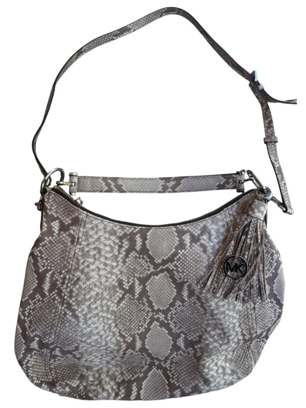 Michael Kors Python Print Hobo Shoulder Bag Large Faux Snakeskin Tassel Brown